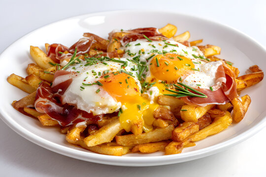 Delicious Spanish Huevos Rotos with Crispy Fries and Eggs Sunny Side Up in Full Plate View
