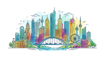Fototapeta premium Modern urban city skyline with colorful skyscrapers and bridge