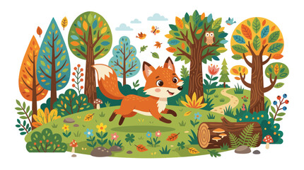 Fototapeta premium Cute fox running through a colorful forest with trees and wildlife
