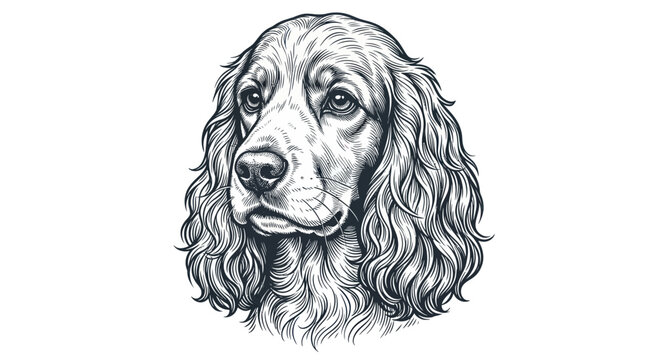Cocker spaniel dog head portrait in vintage etching style