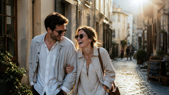 Couple enjoys walk in sunny street
