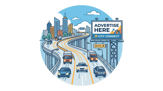 Traffic on a winding city highway with a large advertising billboard
