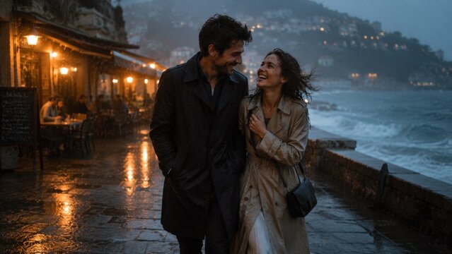 Couple strolls rainy path