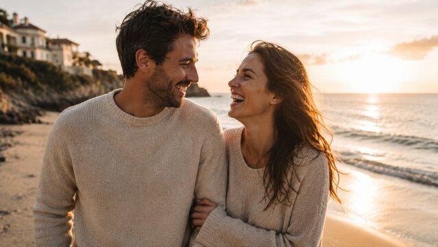 Couple walks on a beach at sunset