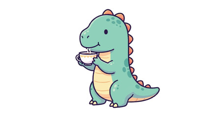 Fototapeta premium Cute Cartoon Dinosaur Holding a Coffee Cup.