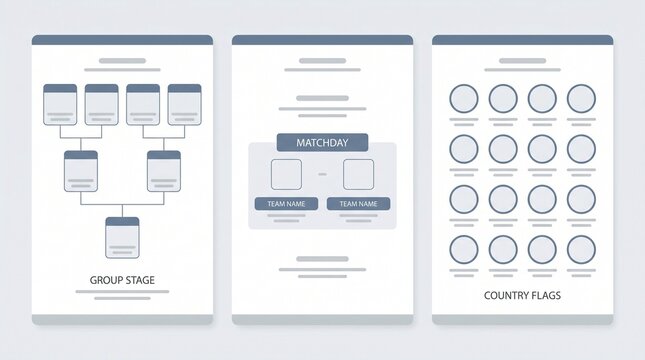 UI wireframes and interface design concepts for a sports tournament mobile app