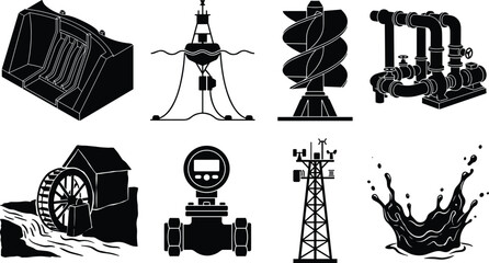 Set of hydroelectric and industrial water power icons including dam wave energy buoy turbine pipelines pressure gauge and waterwheel © jamal