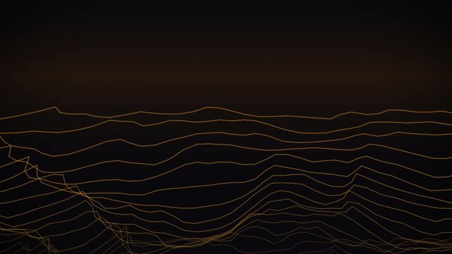 Cinematic 4K seamless loop of a amber 3d wireframe terrain of glowing grid lines undulating to the horizon in crisp volumetric detail. Ideal for corporate background, intro background. 4K UHD.