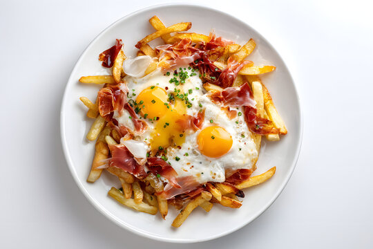 Plate of huevos rotos with fried potatoes and ham topped with fresh herbs in full view on a white background