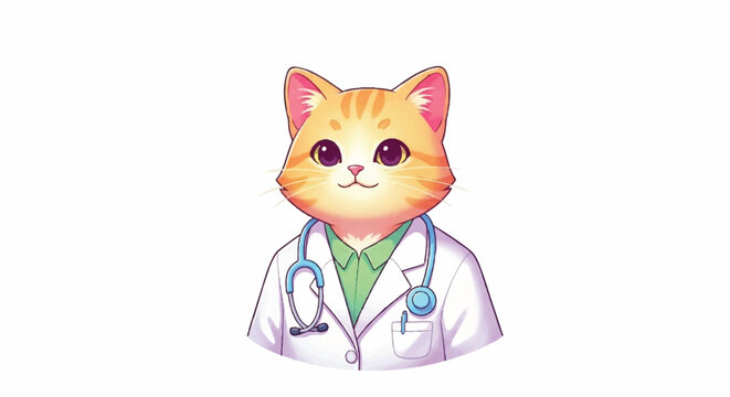 Cute Cartoon Cat Doctor Wearing Lab Coat and Stethoscope.