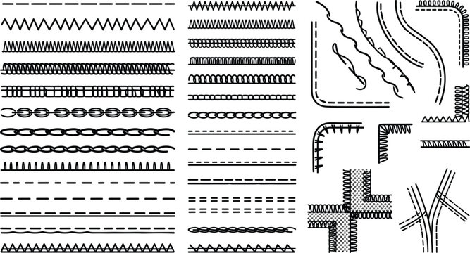 Sewing stitches and fabric seams vector brush set with zigzag embroidery line borders overlock pattern and clothing tailor design element collection