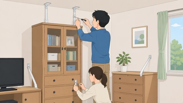 地震に備えて部屋の家具に耐震用の突っ張り棒や固定器具を取り付ける男女