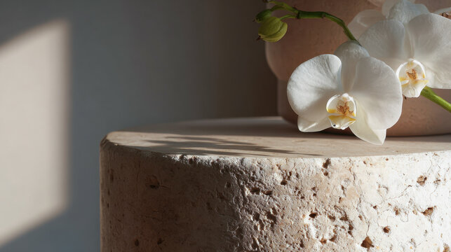 Orchids on stone table in soft light