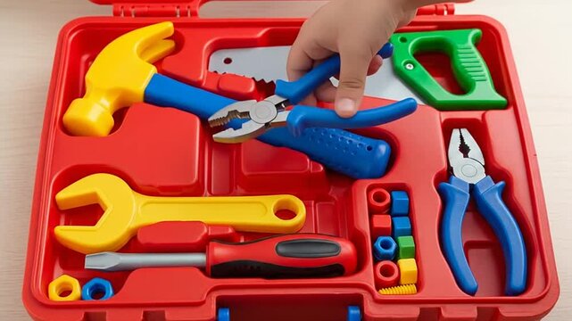 A child's toy toolbox with various colorful tools.
