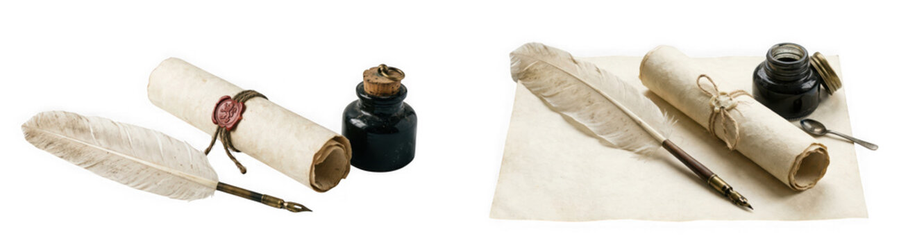 Old parchment scrolls with feather quill and ink bottle isolated on transparent background