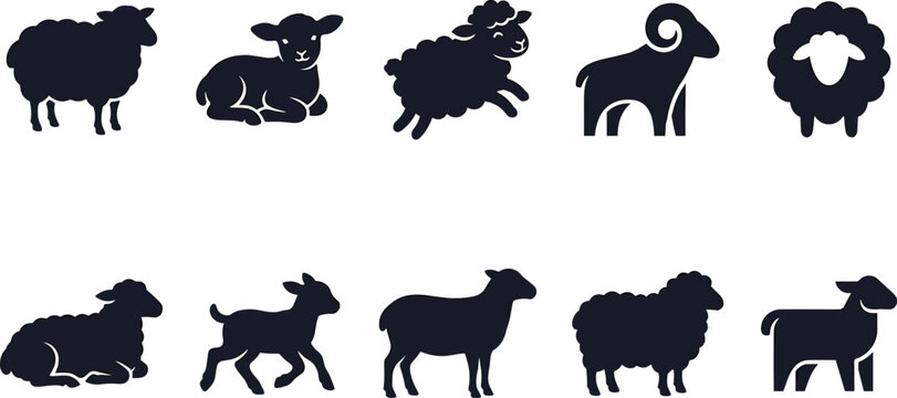 Set of Modern Sheep and Lamb Silhouettes Featuring Rams Ewes and Lambs in Minimalist Poses for Farm Animal Logos Agriculture Branding and Rural Nature Graphic Designs
