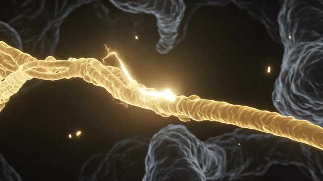 Glowing golden muscle fiber transmitting electrical impulse amidst dark microscopic cellular tissue representing biological energy