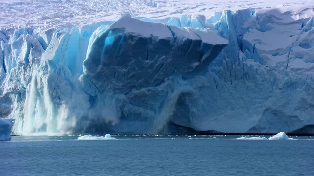 Majestic glacier calving into the ocean, showcasing the power of nature and climate change. A stunning display of environmental dynamics