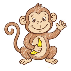 Obraz premium Cute Waving Monkey Holding Banana Crayon Sketch Vector Keywords: