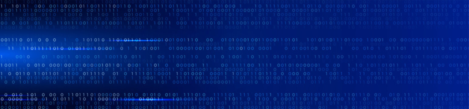 AI Data Stream Binary Code Blue Wide Background. Cyber Secure Data Flow, Speed Web Transfer Visualization Backdrop. Extended Digital Transformation. Safe Vibe Coding Programming. Vector Illustration
