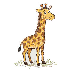 Obraz premium Cute Tall Giraffe standing on Grass Crayon Illustration