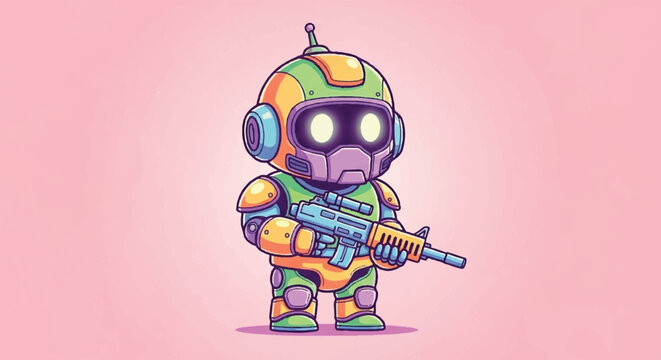 Cute Cartoon Robot Soldier Holding a Rifle.