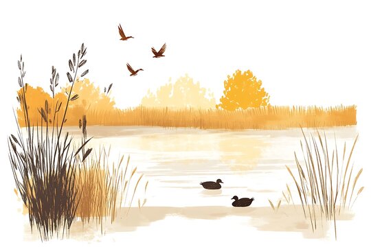 Serene autumn pond with ducks and flying birds