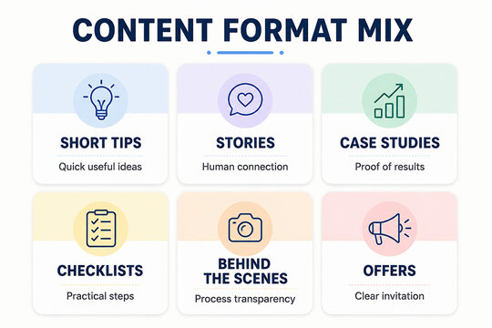 A graphic displays a content format mix with six categories: Short Tips, Stories, Case Studies, Checklists, Behind the Scenes, and Offers.