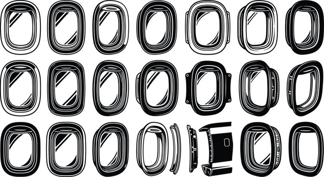 Airplane window porthole vector icon set with different frame styles views and angles in black and white silhouette lineart