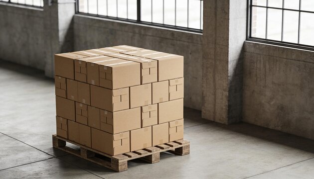 A stack of cardboard boxes on a wooden pallet in a warehouse. The setting features large windows allowing natural light to illuminate the space.