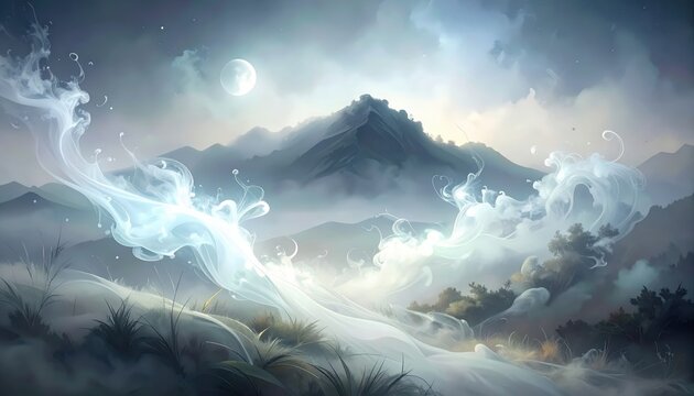 Ethereal luminous fog forms dance around misty mountains under a pale moon