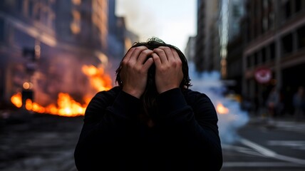 Fototapeta premium A man covering his face with his hands in a city street with a fire burning in the background, conveying a sense of distress and chaos.
