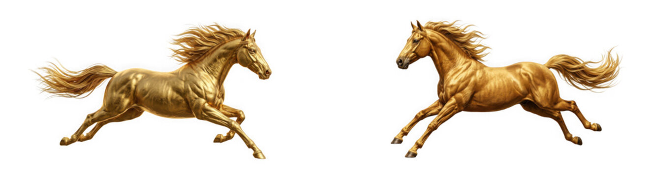 Dynamic golden horse statues in motion as isolated on transparent background