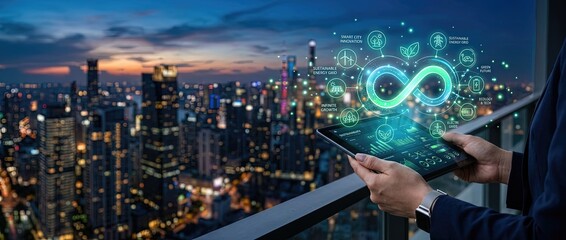 Digital innovation and sustainability trends in urban settings technology insights cityscape views futuristic environment evening perspective on the future