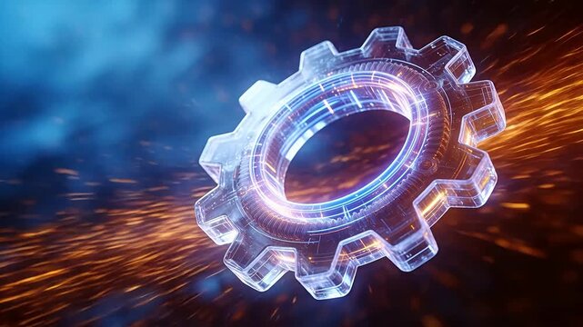 Translucent digital gear with glowing lines and complex structure in deep blue background
