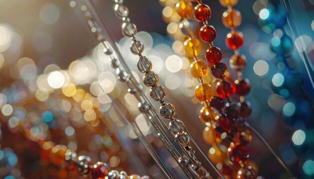 Intricate beaded jewelry strands with warm bokeh background