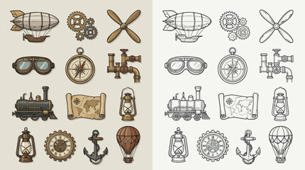 Collection of Steampunk Icons and Elements in Color and Outline Styles. © renender