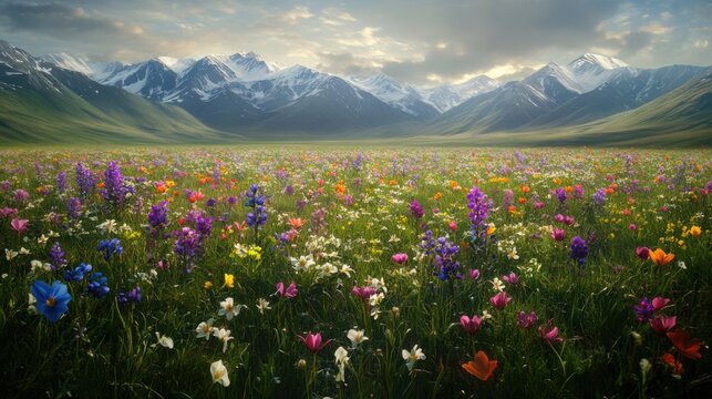 Vibrant wildflower meadow with majestic mountains