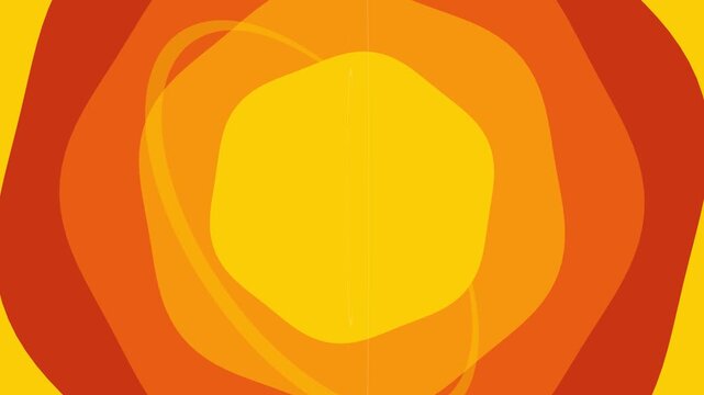 Abstract retro 70s sunset tunnel background animation featuring zooming warm orange, yellow, and red organic shapes with thin spinning line rings, perfect for vintage creative promos