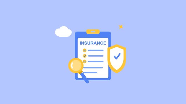 Minimalist insurance policy vector animation featuring a checklist clipboard, protection shield, and magnifying glass floating over a soft blue backdrop, ideal for corporate presentation