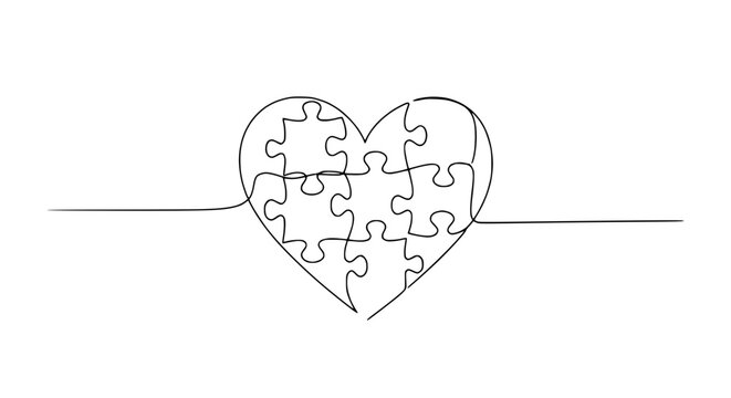 Heart puzzle continuous line drawing, symbol of love, connection, and relationships