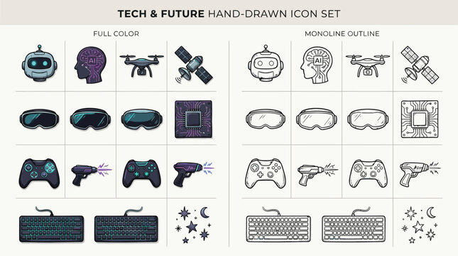Tech and Future Hand-Drawn Icon Set featuring Robots, Drones, VR, and Futuristic Technology.