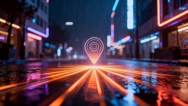 Glowing orange location pin on wet rainy city street with neon lights at night