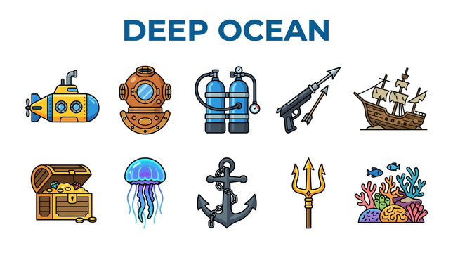 Collection of Deep Ocean and Underwater Adventure Icons.