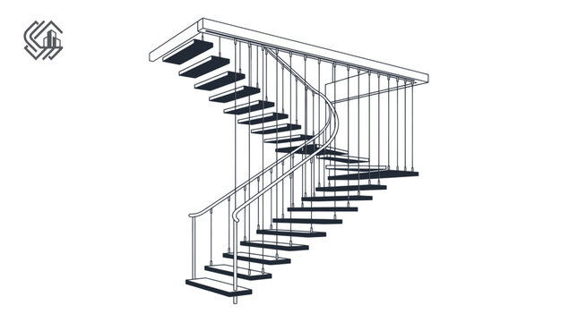 Modern minimalist floating spiral staircase with cable railings