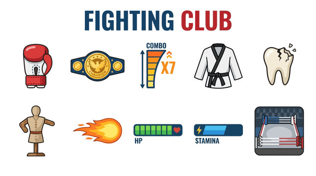 Fighting Club Icons Set for Sports and Games.