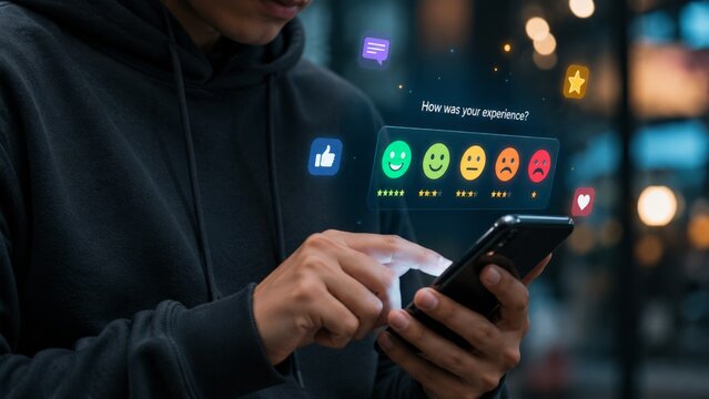 Man using smartphone to rate experience with colorful emoticons and social media icons.