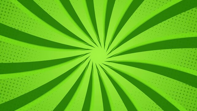 Dynamic green comic sunburst swirl background animation featuring retro halftone patterns and spinning rays, perfect for pop art video intros, transitions, or creative promos