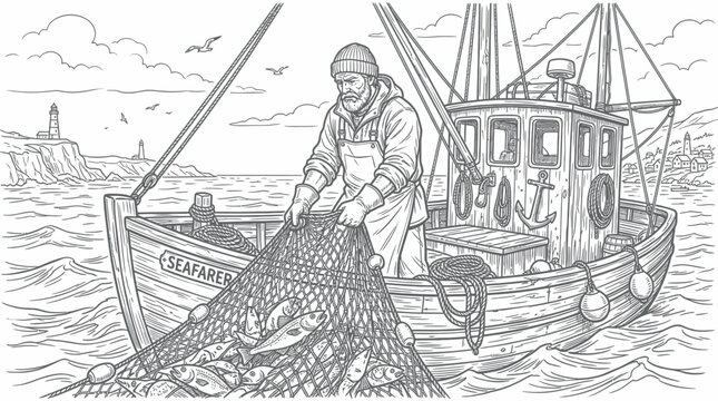 Bearded fisherman pulling a large fishing net onto his boat