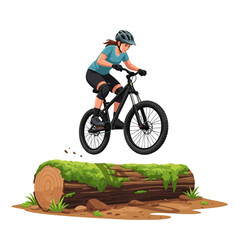 Female Mountain Unicyclist Bouncing over Forest Log © AADIL